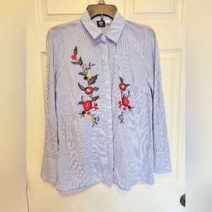 Embroidered Blue Striped Button Down Shirt